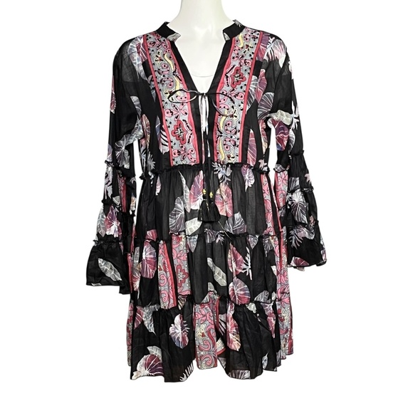 Zury Calypso Printed Boho Dress Cotton Black Pink Tie Front Tiered One Size - Picture 1 of 8